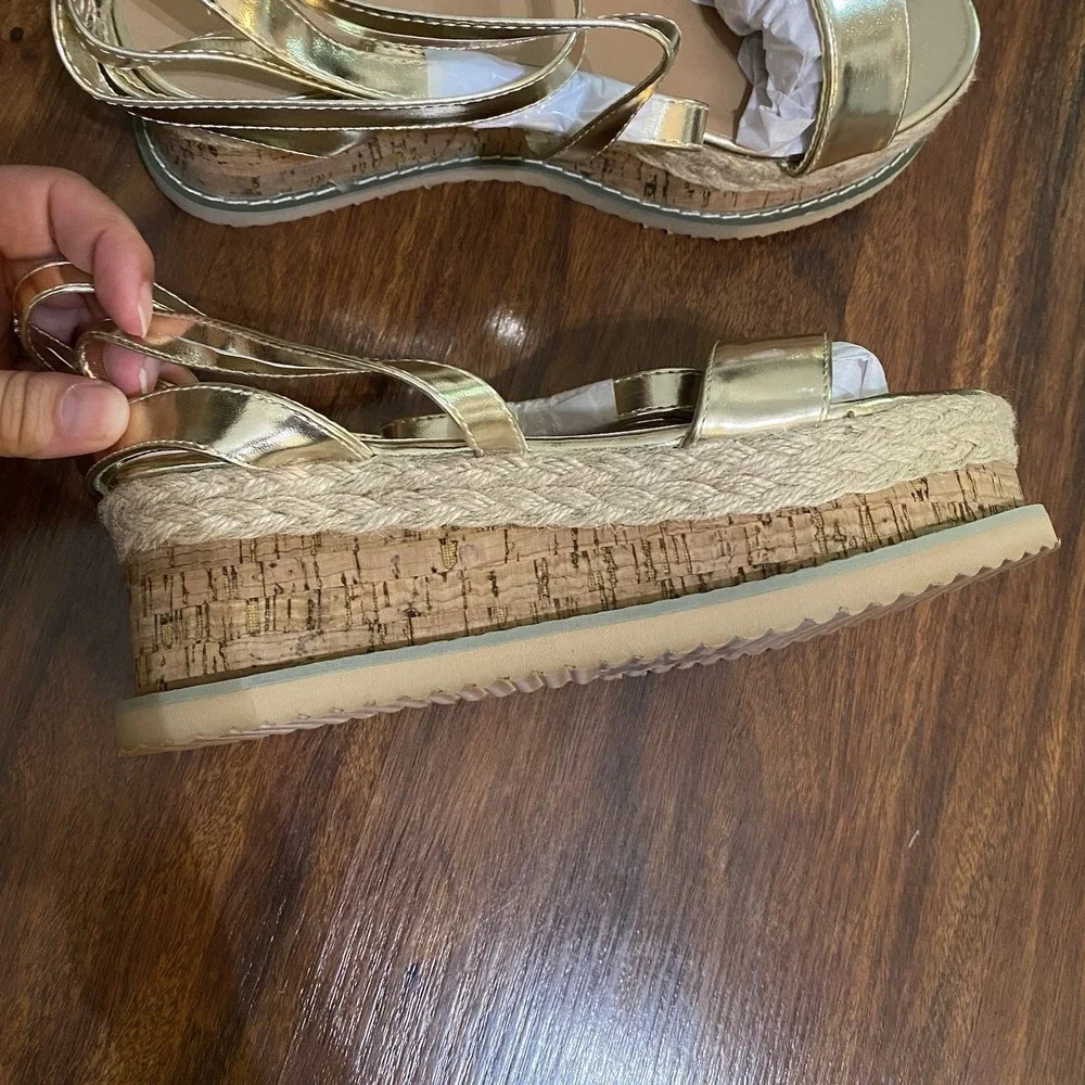 PrettyLittleThing Gold Espadrille Lace-up Platform Sandals SZ 38 / US 7.5 NIB